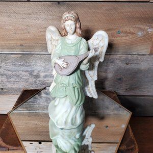 Angel Playing Mandolin Large Figurine - 9.25" tall - Hand Painted.